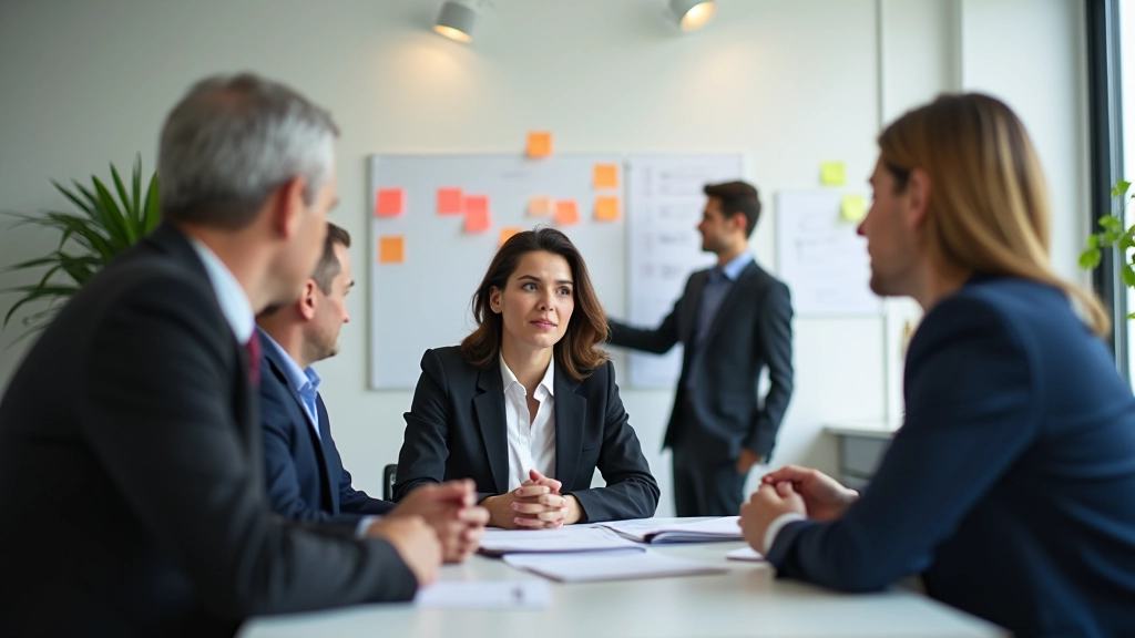 Team planning session con diversi professionisti che discutono strategie di trattativa