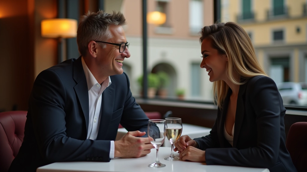Due professionisti sorridono durante una colazione di affari in un ristorante elegante con vista urbana