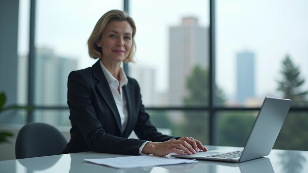 Imprenditrice italiana in abito elegante lavora al suo ufficio moderno con vista sulla città
